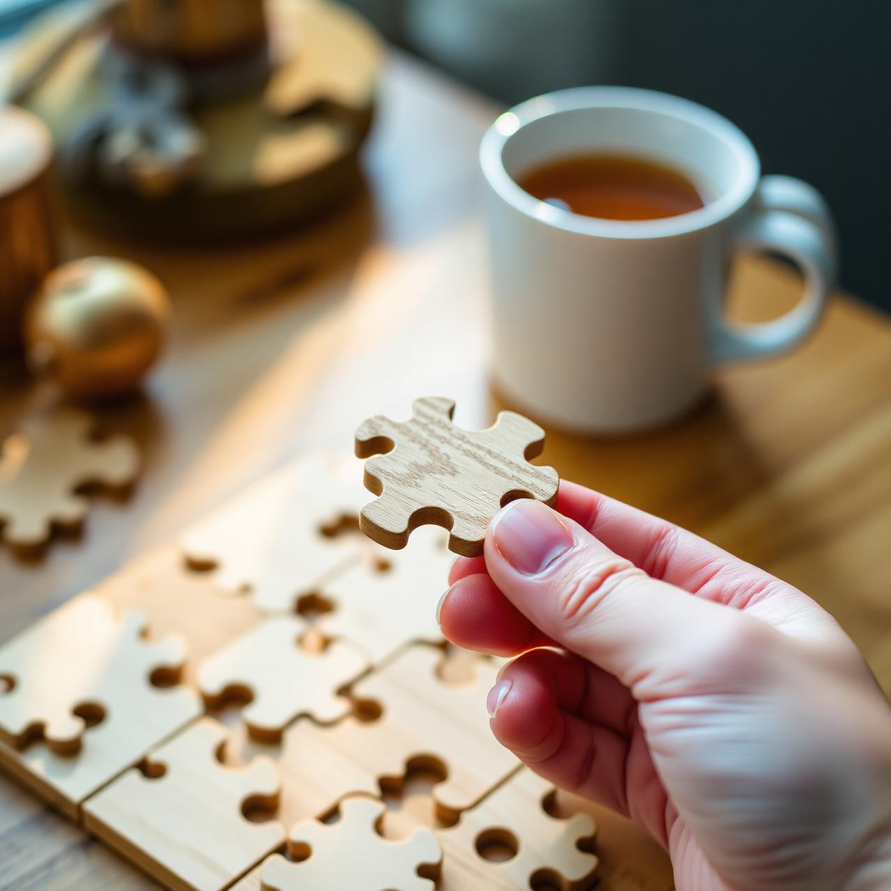 Hands assembling a wooden Pawmori puzzle piece